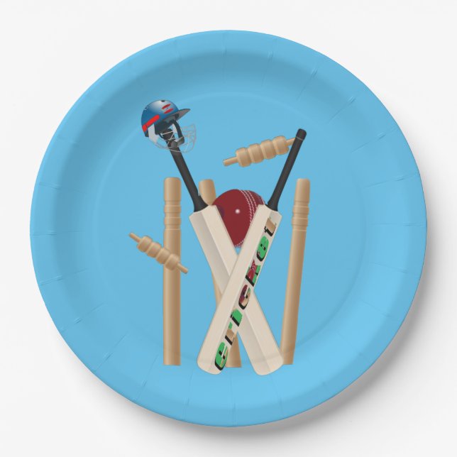 Cricket Wickets, Helmet, Bats And Ball,   Paper Plate (Front)