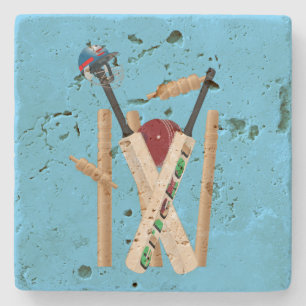 Cricket Wickets, Helmet, Bats And Ball, Stone Coaster