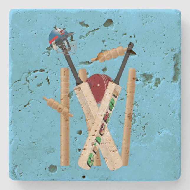 Cricket Wickets, Helmet, Bats And Ball,    Stone Coaster (Front)