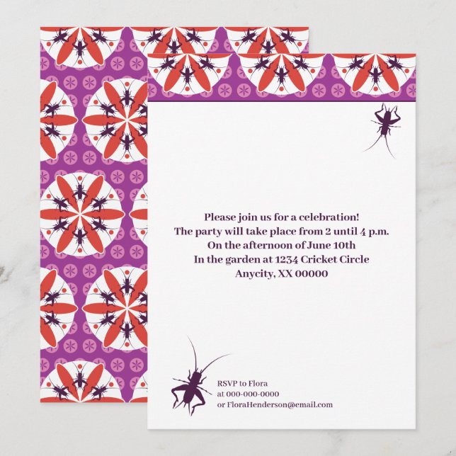 Crickets and Flowers Purple Red Invitation (Front/Back)