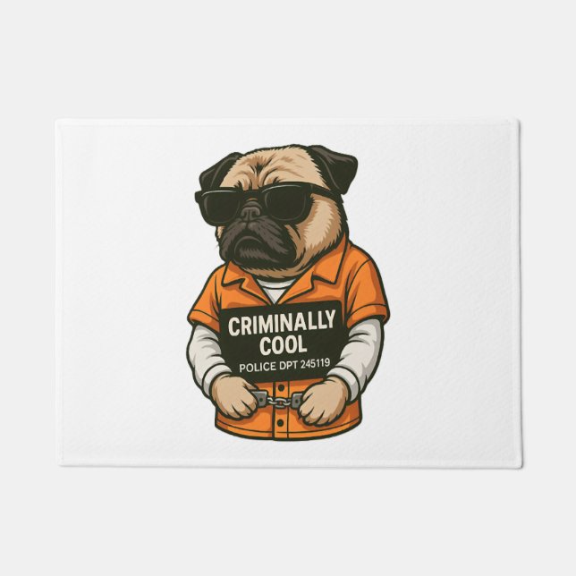 Criminally Cool Pug – Funny Mugshot Dog Design Doormat (Front)