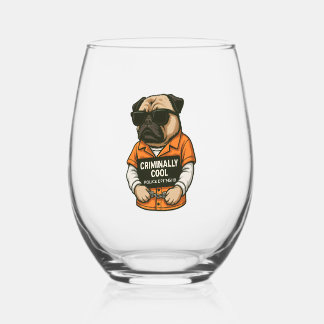 Criminally Cool Pug � Funny Mugshot Dog Design Stemless Wine Glass