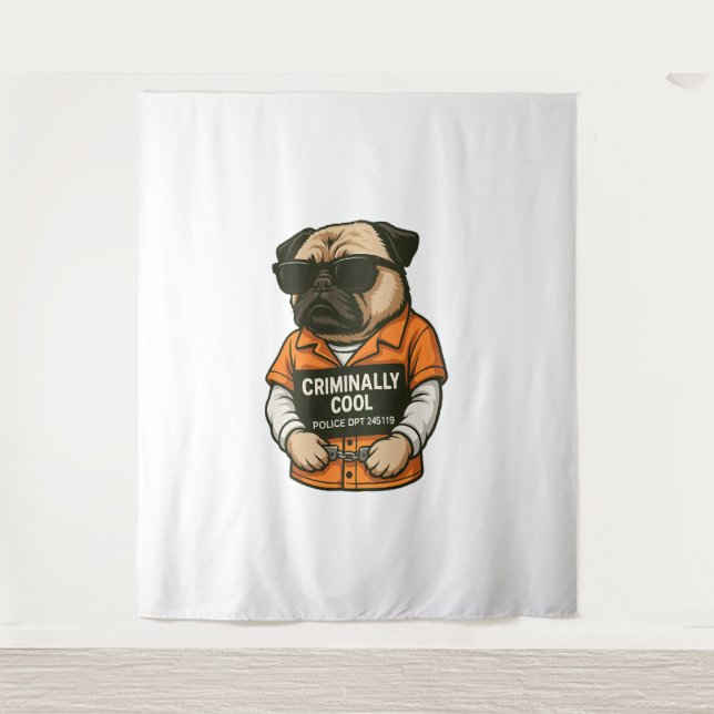 Criminally Cool Pug – Funny Mugshot Dog Design Tapestry (Front)