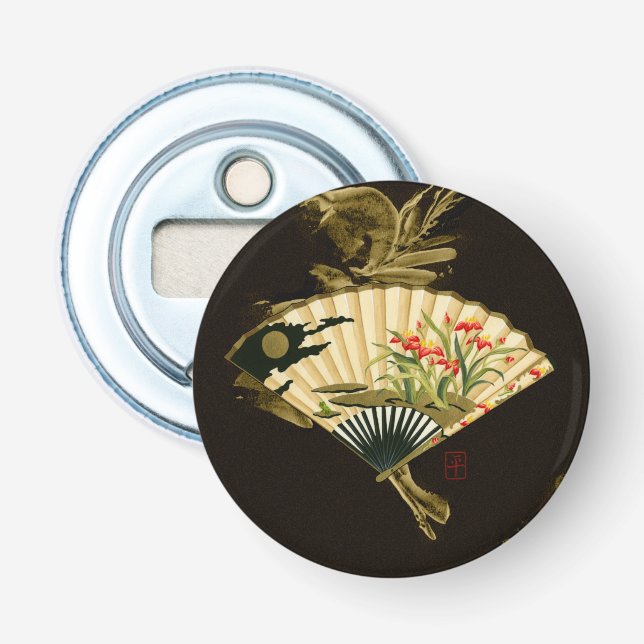 Crimped Oriental Fan with Floral Design Bottle Opener (Front)