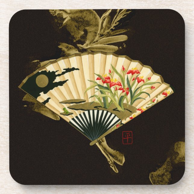 Crimped Oriental Fan with Floral Design Coaster (Front)