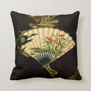 Crimped Oriental Fan with Floral Design Cushion