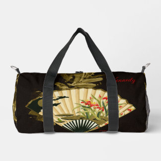 Crimped Oriental Fan with Floral Design Duffle Bag