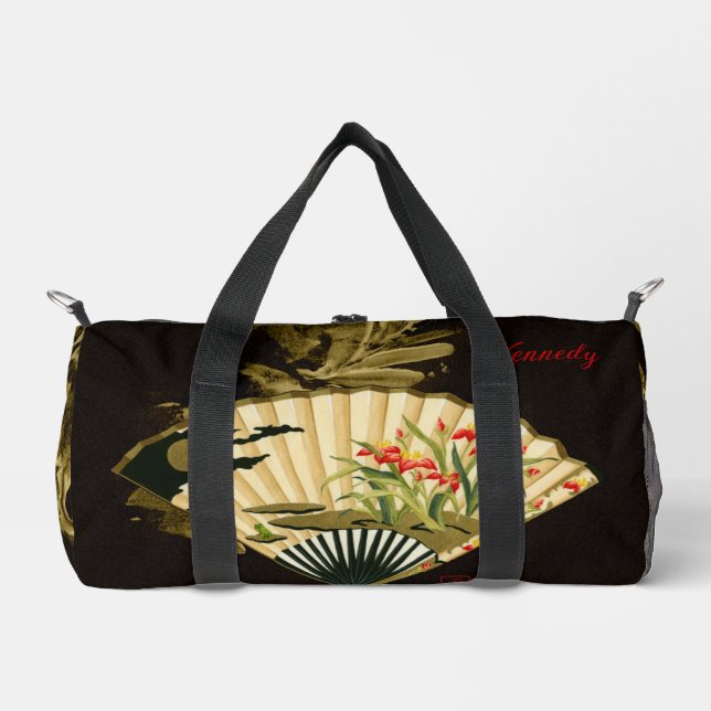 Crimped Oriental Fan with Floral Design Duffle Bag (Front)