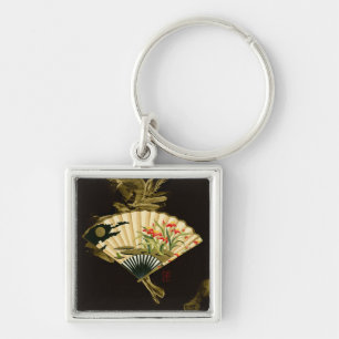 Crimped Oriental Fan with Floral Design Key Ring