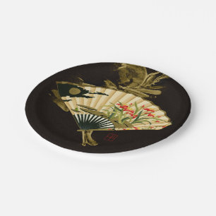 Crimped Oriental Fan with Floral Design Paper Plate