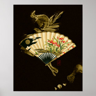 Crimped Oriental Fan with Floral Design Poster