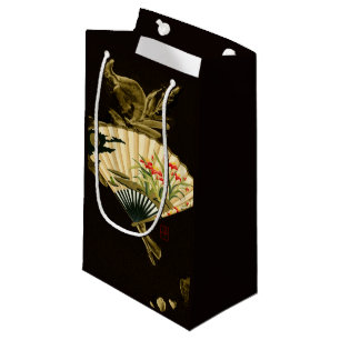 Crimped Oriental Fan with Floral Design Small Gift Bag