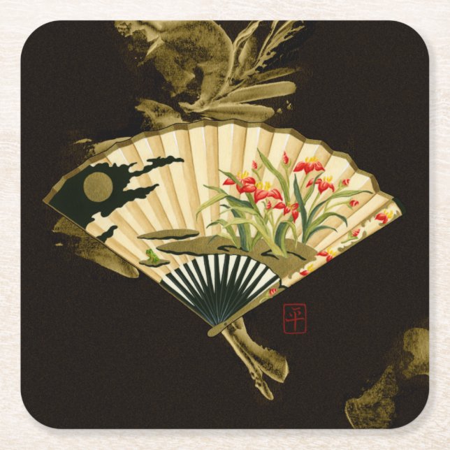 Crimped Oriental Fan with Floral Design Square Paper Coaster (Front)