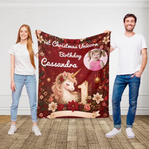 Crimson 1st Christmas Unicorn Birthday Photo Gift Fleece Blanket