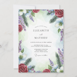 Crimson Amethyst Pine Eucalyptus Wedding Invitation
