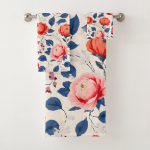 Crimson and Coral Flower Bath Towel Set