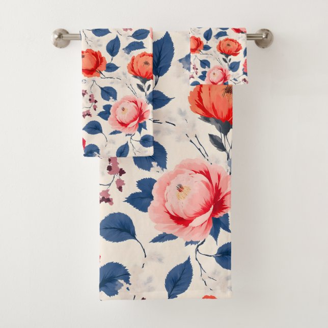 Crimson and Coral Flower Bath Towel Set (Insitu)