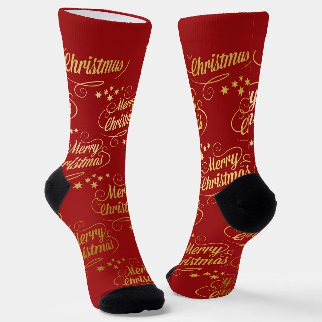Crimson and Gold Christmas Socks with Name (Angled)