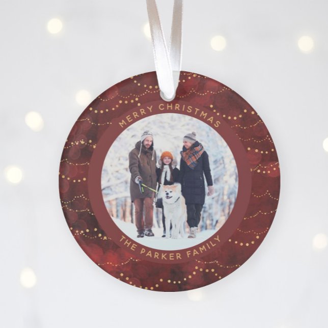 Crimson and Gold Fairy Lights | Two Family Photos Ornament (Creator Uploaded)