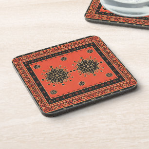 Crimson and Obsidian Geometric Tribal Star Coaster