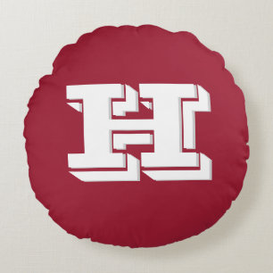 Crimson and White Varsity Letter Monogram Round Cushion