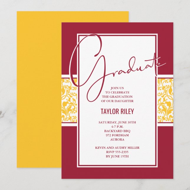 Crimson and Yellow Damask Graduation Invitation (Front/Back)