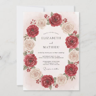 Crimson Antique Ivory Wreath Wedding Invitation