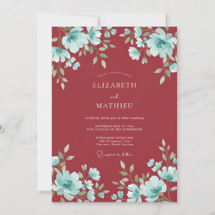 Crimson Aqua Bloom Wedding Invitation