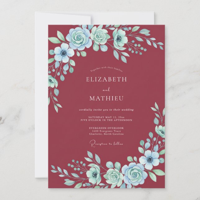 Crimson Aqua Peony Wedding Invitation (Front)