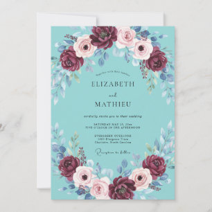 Crimson Aqua Wreath Wedding Invitation