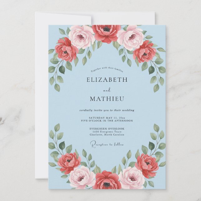 Crimson Azure Blossom Wedding Invitation (Front)