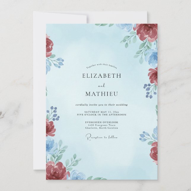 Crimson Azure Leafy Wedding Invitation (Front)