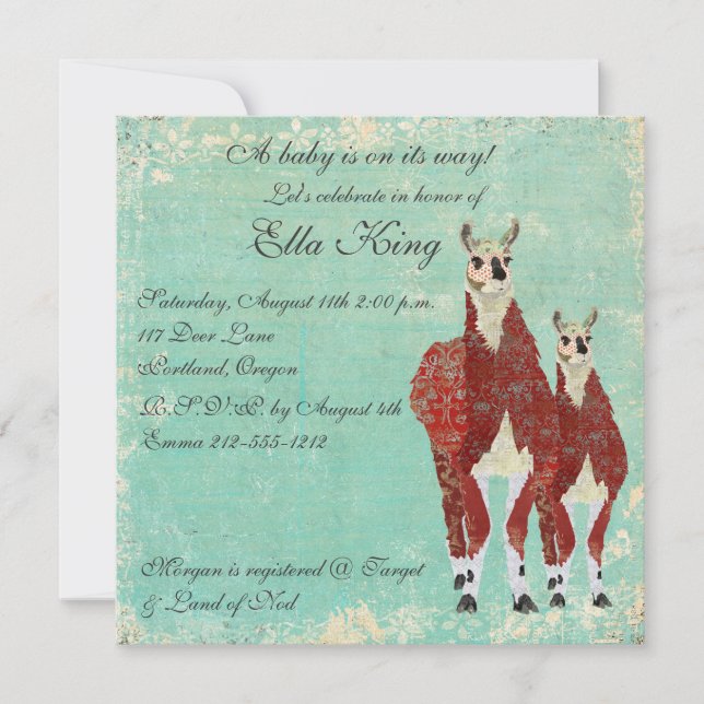 Crimson & Azure Llamas Baby Invitation (Front)