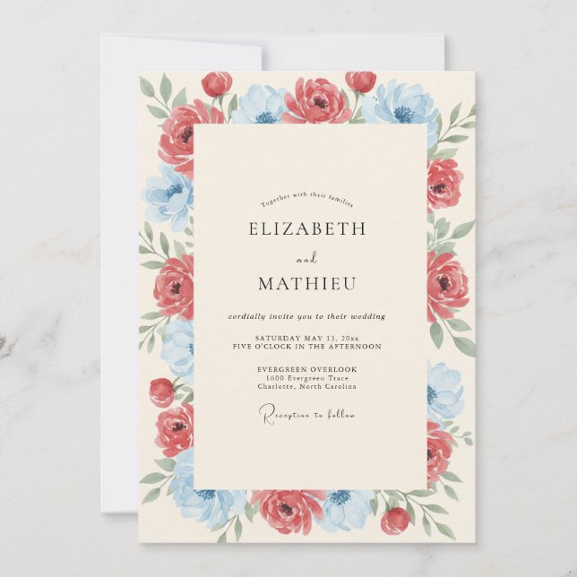 Crimson Azure Peony Wedding Invitation (Front)