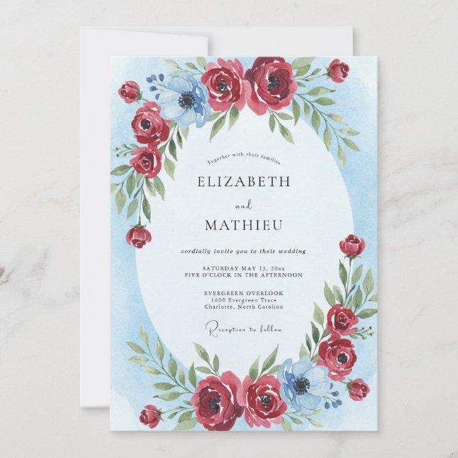 Crimson Azure Ranunculus Eucalyptus Wedding Invitation (Front)