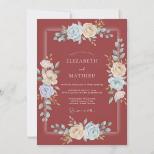 Crimson Azure Ranunculus Grey Eucalyptus Wedding Invitation