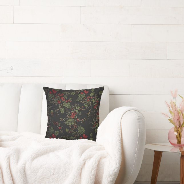 Crimson Berries Holiday Throw Pillow. Cushion (Couch)
