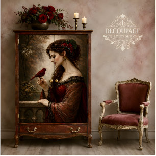 Crimson Bird Lady Portrait Decoupage Tissue Paper
