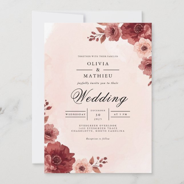 Crimson Bloom Arch Flourish Wedding Invitation (Front)