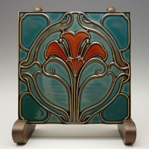 Crimson Bloom Art Nouveau Tile