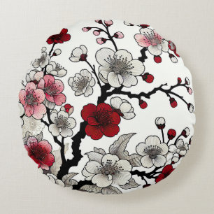 Crimson Blossom Elegance - Japanese-Inspired Flora Round Cushion