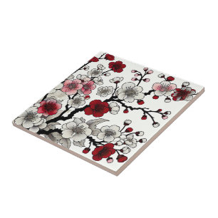 Crimson Blossom Elegance - Japanese-Inspired Flora Tile