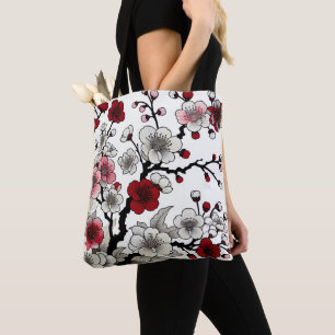 Crimson Blossom Elegance - Japanese-Inspired Flora Tote Bag