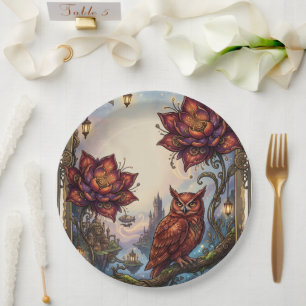 Crimson Blossoms & Mystical Owl. Paper Plate