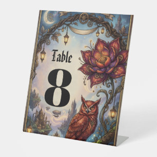 Crimson Blossoms & Mystical Owl.  Pedestal Sign