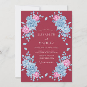Crimson Blue Floral Watercolor Wedding Invitation