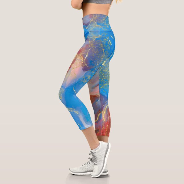Crimson, Blush, Blue and Gold Marbled Alcohol Ink Capri Leggings (Left)