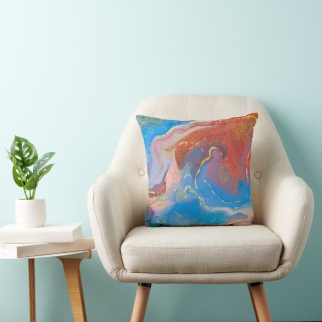 Crimson, Blush, Blue and Gold Marbled Alcohol Ink Cushion (Chair)