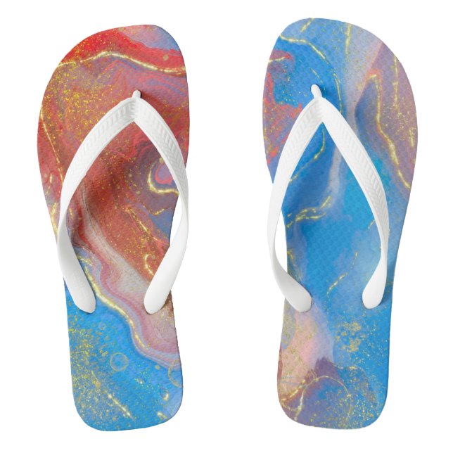 Crimson, Blush, Blue and Gold Marbled Alcohol Ink Flip Flops (Footbed)