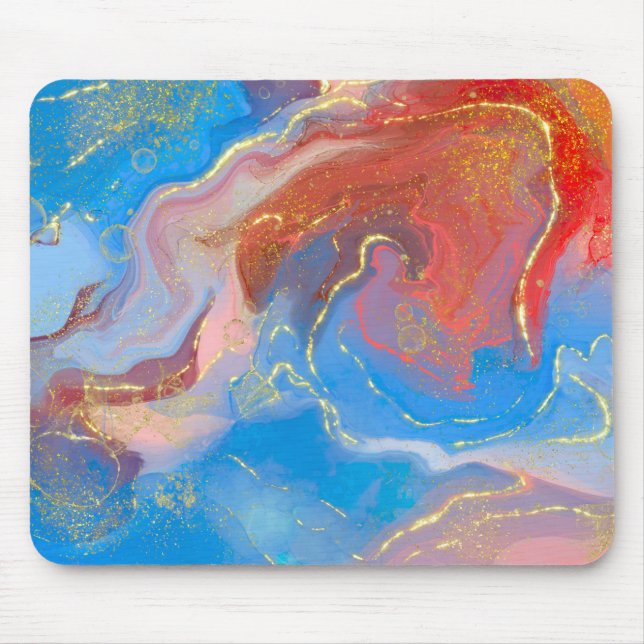Crimson, Blush, Blue and Gold Marbled Alcohol Ink Mouse Mat (Front)
